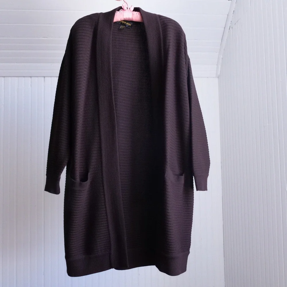 Drop dead gorgeous 1990s‎ Donna Karan cocoa brown ribbed knit longline cardigan